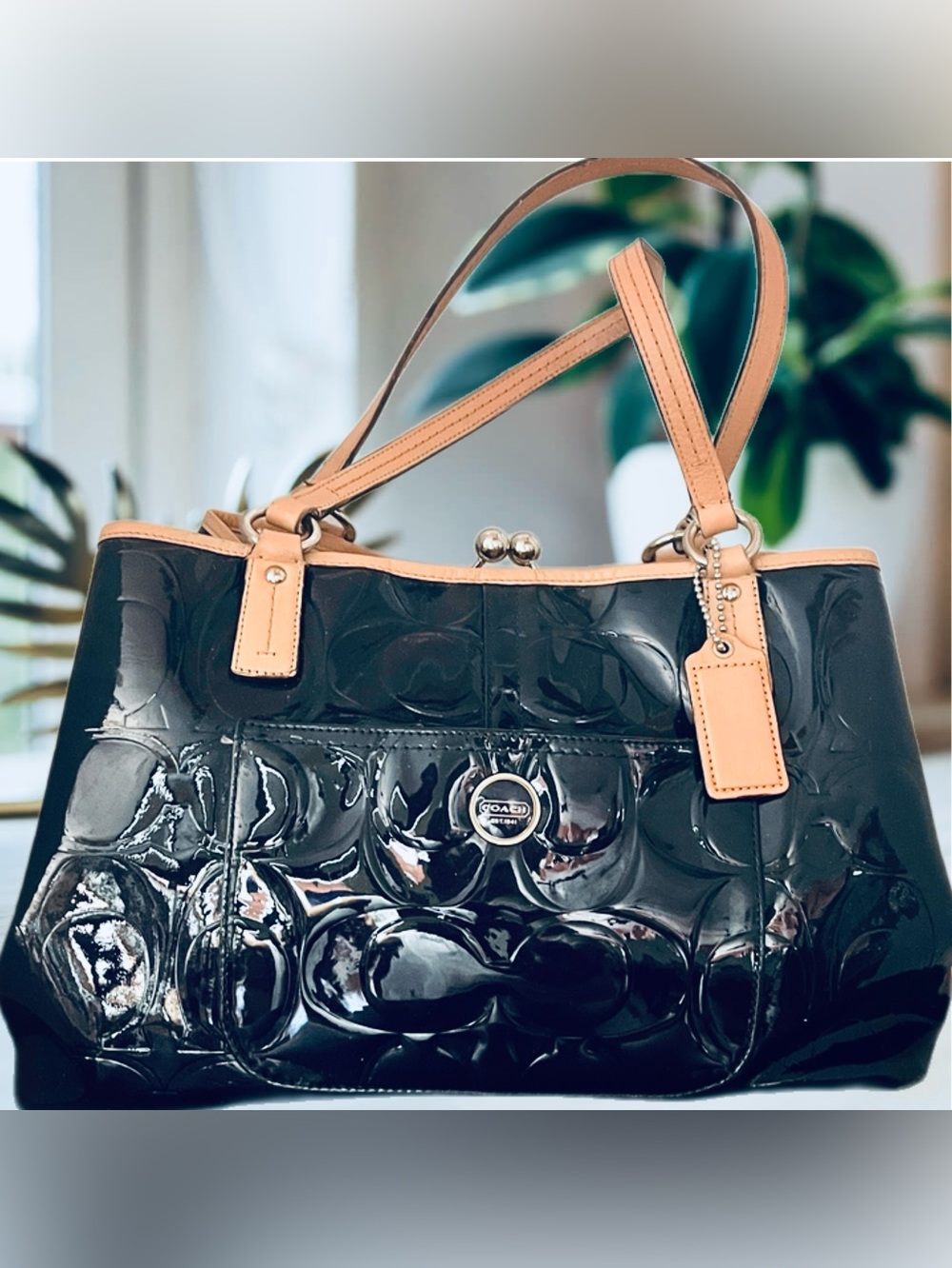 Coach Peyton Signature Embossed Patent Leather Kisslock Tote Navy Tan